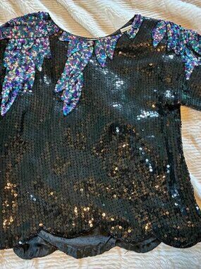 Vintage 1990s Petite Illustrations Silk Sequin Top Black Multicolor PM